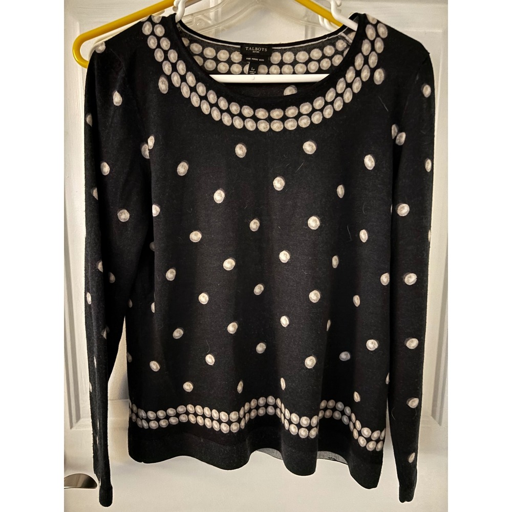 Talbots Petites Merino Wool Sweater Polka Dot Crew Neck Black‎ L Petite
